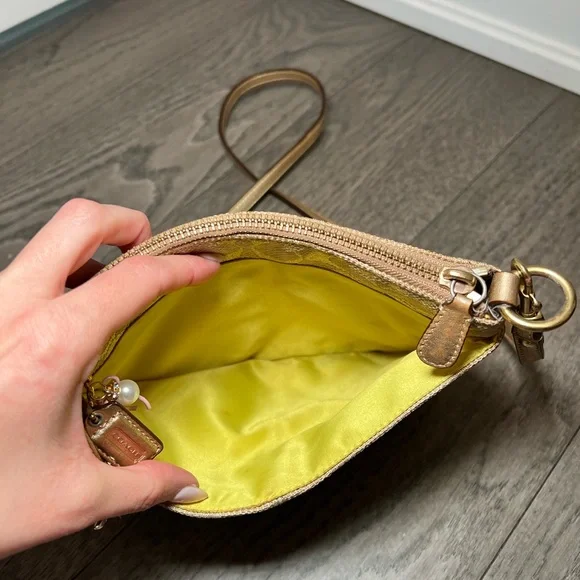 Coach Metallic Beige Signature Crossbody Bag with Floral Charm - Picture 7 of 11